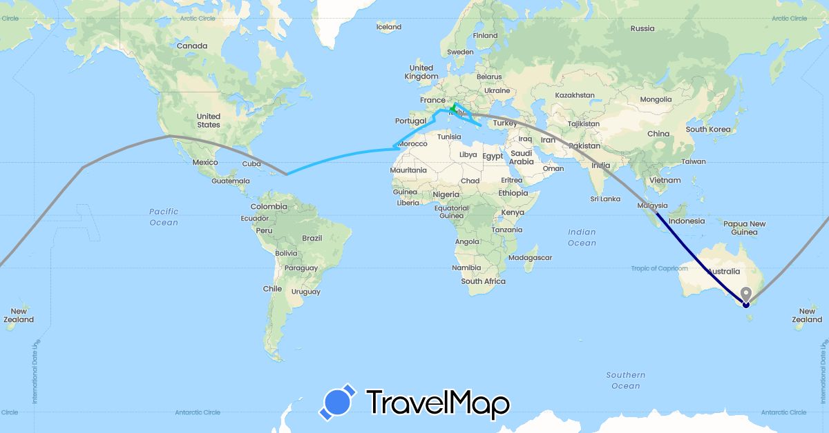 TravelMap itinerary: driving, bus, plane, boat in Australia, Spain, France, Greece, Croatia, Italy, Montenegro, Portugal, Singapore, United States, British Virgin Islands (Asia, Europe, North America, Oceania)