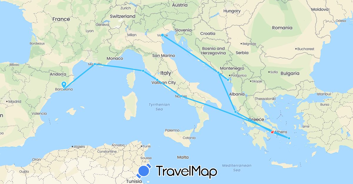 TravelMap itinerary: driving, hiking, boat in Spain, France, Greece, Croatia, Italy, Montenegro (Europe)