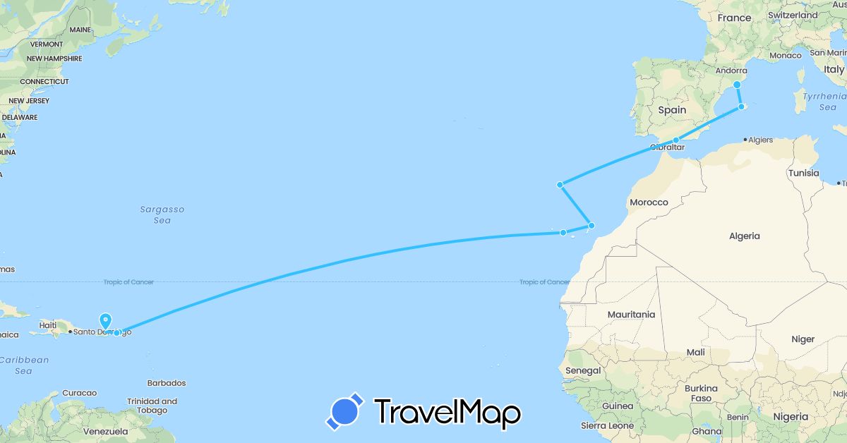 TravelMap itinerary: driving, boat in Spain, Portugal, United States, British Virgin Islands (Europe, North America)